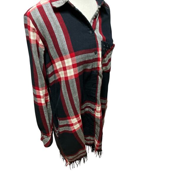ZARA Basic Size Medium Fringe Plaid Shirt Dress Studded Pocket Long Sleeve - Picture 4 of 8